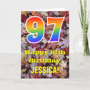 97th Birthday; Rustic Autumn Leaves; Rainbow "97" Card