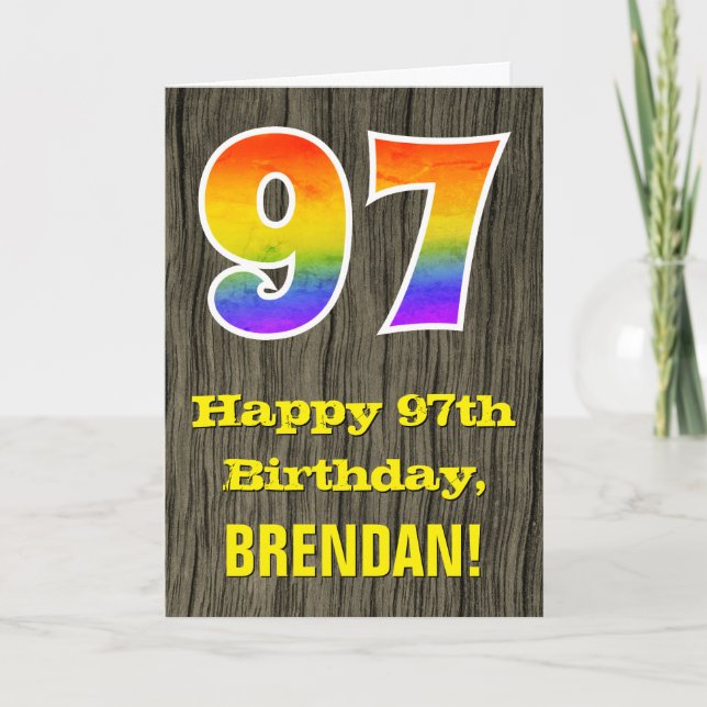 97th Birthday: Rustic Faux Wood Look, Rainbow "97" Card (Front)