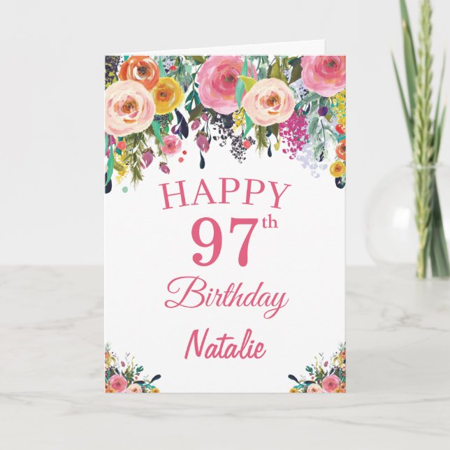 97th Birthday Watercolor Floral Flowers Pink Card (Front)