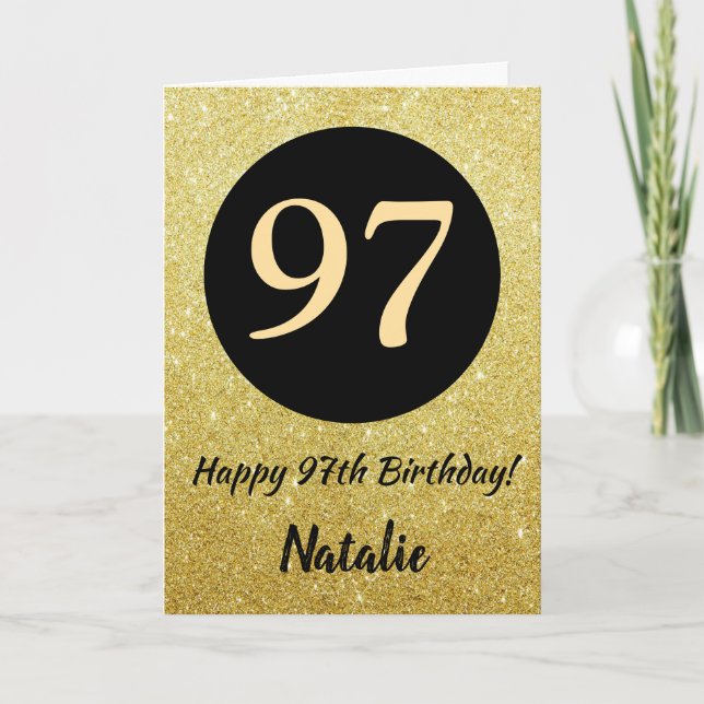 97th Happy Birthday Black and Gold Glitter Card (Front)