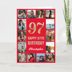 97th Happy Birthday Red and Gold Photo Collage Card