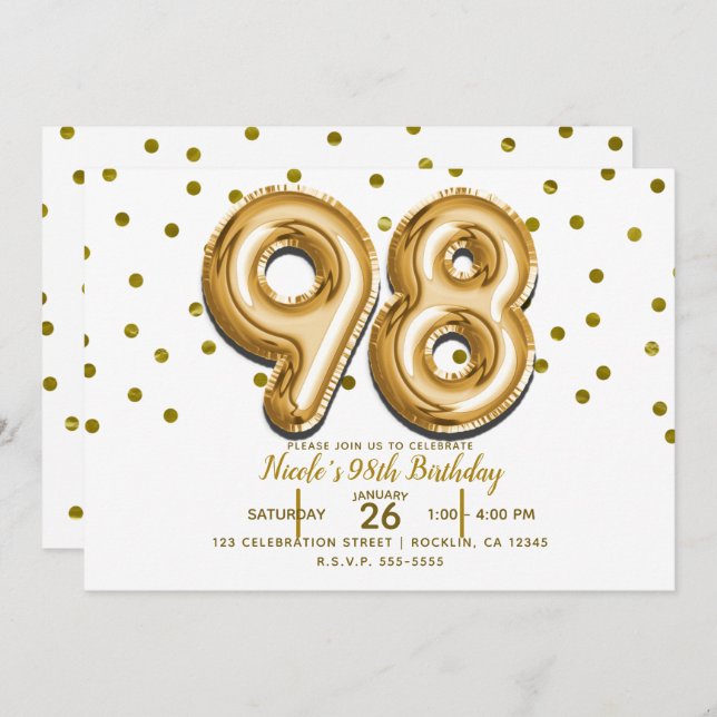 98 Gold Balloons & Confetti 98th Birthday Party Invitation (Front/Back)