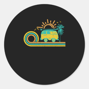 98.Surfing Camperretrosunsetpalm Tree Camper Van C Classic Round Sticker