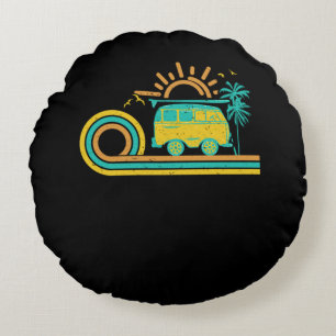 98.Surfing Camperretrosunsetpalm Tree Camper Van C Round Cushion