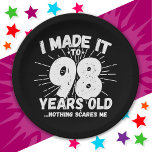 98 Year Old Sarcastic Meme Funny 98th Birthday Paper Plate<br><div class="desc">This funny 98th birthday design makes a great sarcastic humour joke or novelty gag gift for a 98 year old birthday theme or surprise 98th birthday party! Features 'I Made it to 98 Years Old... Nothing Scares Me' funny 98th birthday meme that will get lots of laughs from family, friends,...</div>