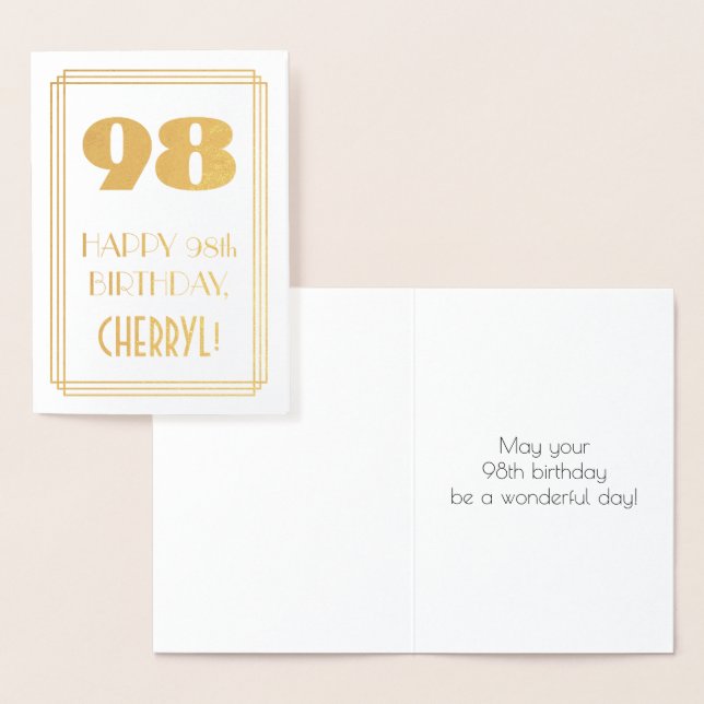 98th Birthday: Art Deco Inspired Look "98" & Name Foil Card (Display)