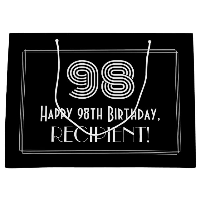98th Birthday — Art Deco Inspired Look "98" & Name Large Gift Bag (Front)