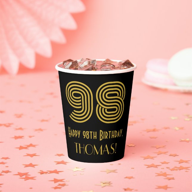 98th Birthday: Art Deco Inspired Look “98” & Name Paper Cups (Insitu)