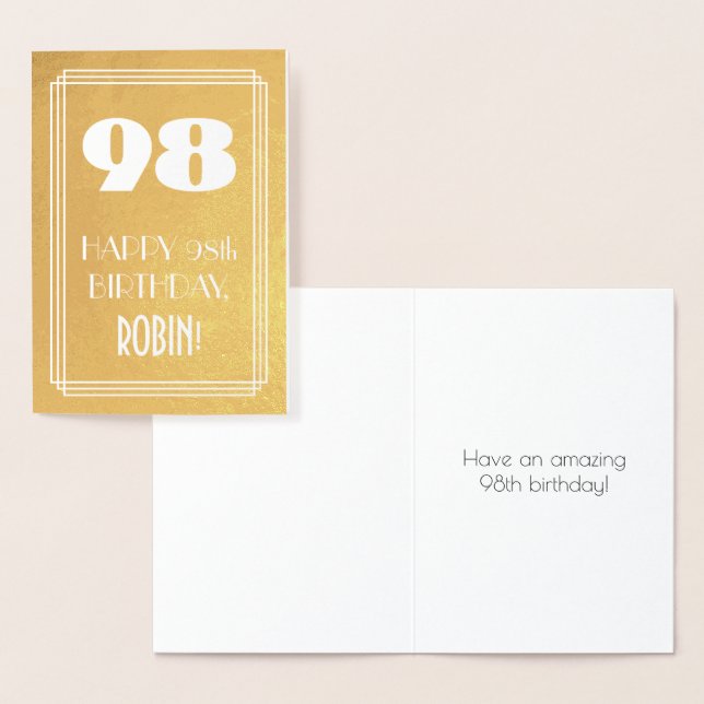 98th Birthday ~ Art Deco Style "98" & Custom Name Foil Card (Display)