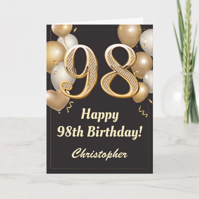 98th Birthday Black and Gold Balloons Confetti Card (Front)