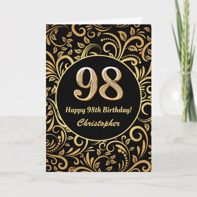 98th Birthday Black and Gold Floral Pattern Card (Front)
