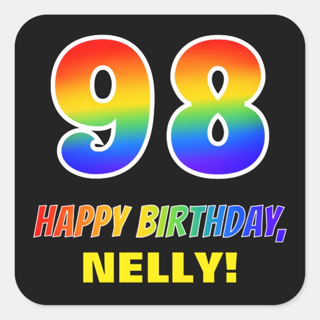 98th Birthday: Bold, Fun, Simple, Rainbow 98 Square Sticker (Front)