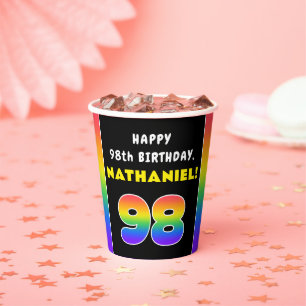 98th Birthday: Colourful Rainbow # 98, Custom Name Paper Cups