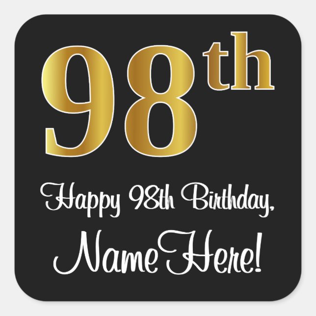 98th Birthday – Elegant Luxurious Faux Gold Look # Square Sticker (Front)