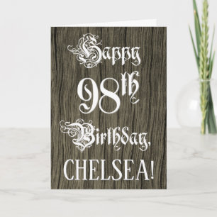 98th Birthday: Fancy, Elegant Text; Faux Wood Look Card