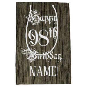 98th Birthday: Fancy, Faux Wood Look + Custom Name Medium Gift Bag