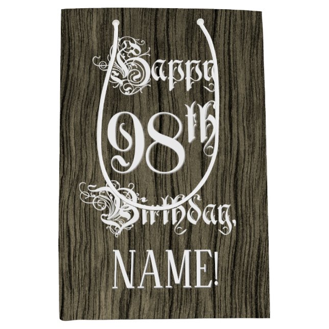 98th Birthday: Fancy, Faux Wood Look + Custom Name Medium Gift Bag (Front)