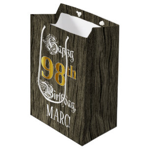 98th Birthday: Faux Gold Look & Faux Wood Pattern Medium Gift Bag