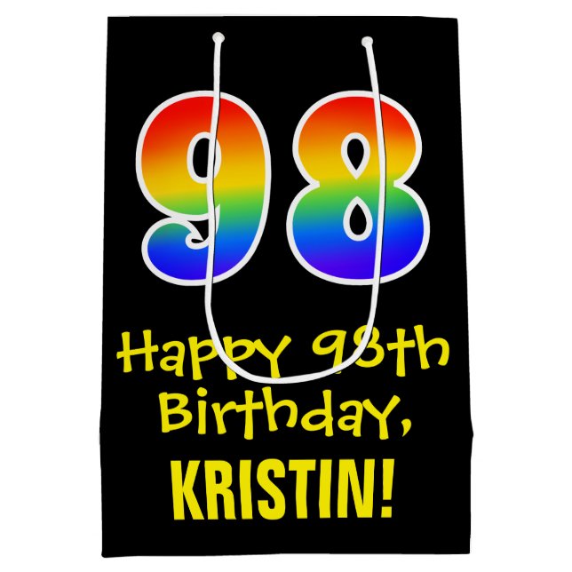 98th Birthday: Fun, Bold, Colourful, Rainbow "98" Medium Gift Bag (Back)