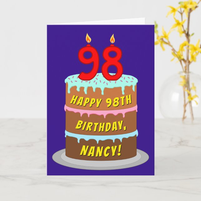 98th Birthday: Fun Cake and Candles + Custom Name Card (Yellow Flower)