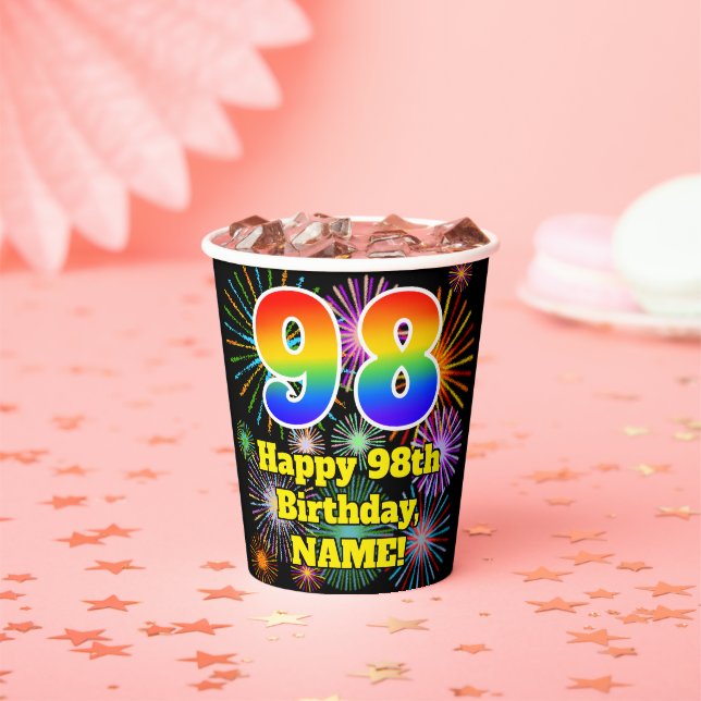 98th Birthday: Fun Fireworks Pattern + Rainbow 98 Paper Cups (Insitu)