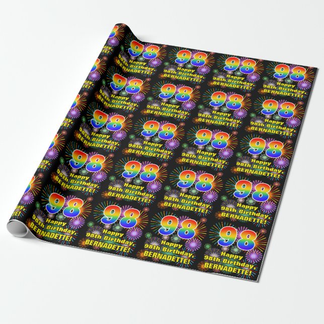 98th Birthday: Fun Fireworks, Rainbow Look # “98” Wrapping Paper (Unrolled)