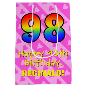98th Birthday: Fun Pink Hearts Stripes; Rainbow 98 Medium Gift Bag