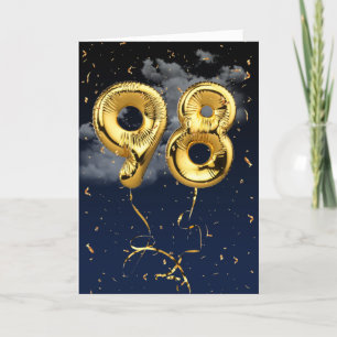 98th Birthday Gold Mylar Balloon and Confetti Card