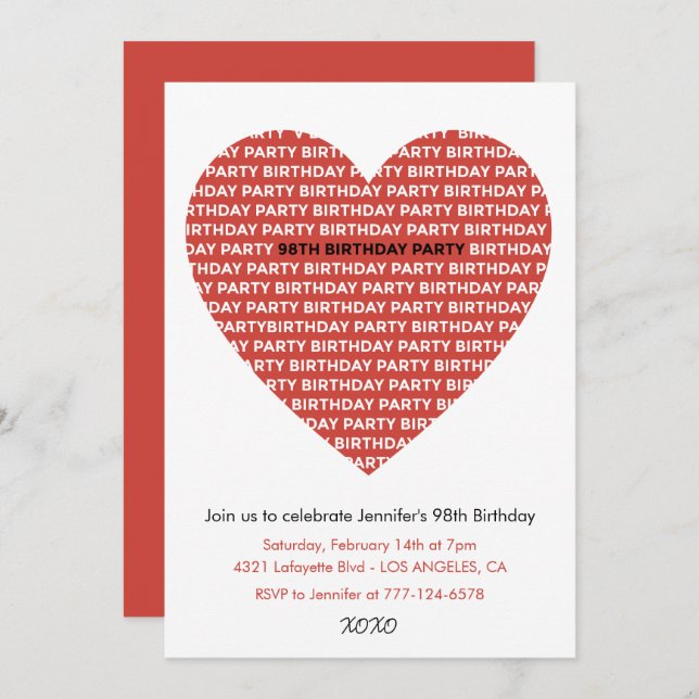 98th birthday invitation Girl xoxo sweetheart (Front/Back)