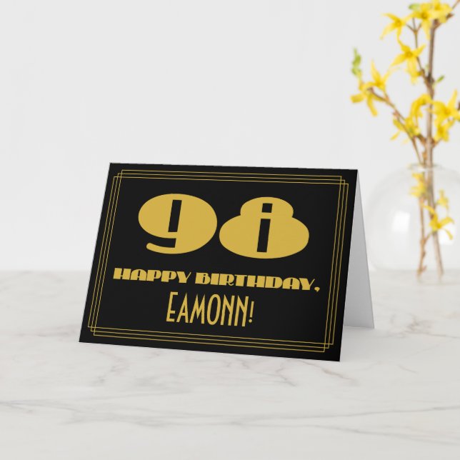 98th Birthday: Name + Art Deco Inspired Look "98" Card (Yellow Flower)