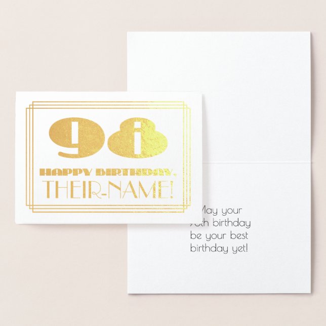 98th Birthday; Name + Art Deco Inspired Look "98" Foil Card (Display)