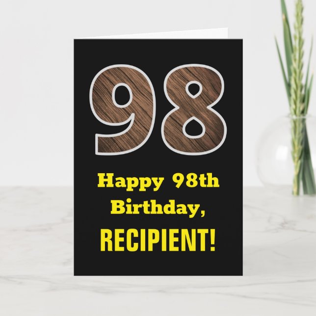 98th Birthday: Name, Faux Wood Grain Pattern "98" Card (Front)