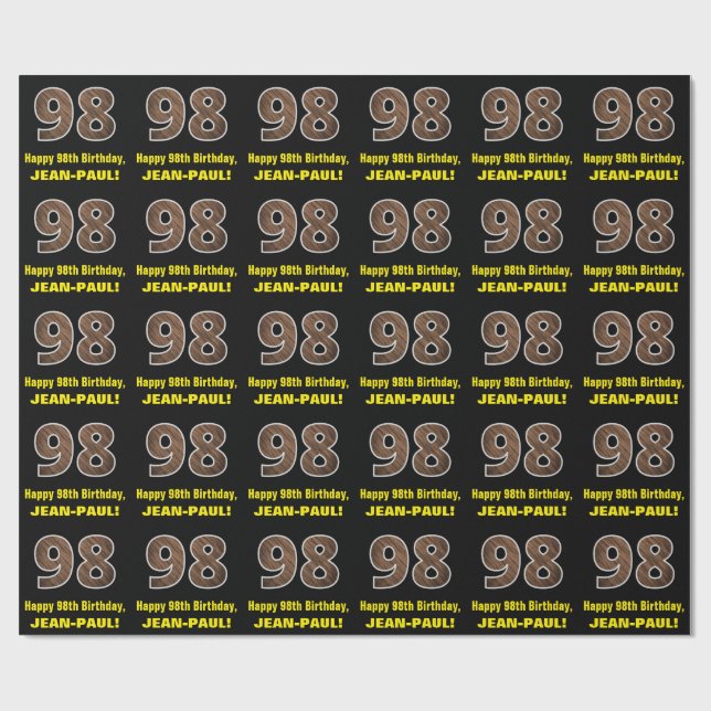 98th Birthday: Name & Faux Wood Grain Pattern "98" Wrapping Paper (Flat)