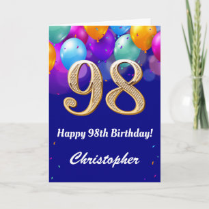 98th Birthday Navy Blue and Gold Colourful Balloon Card