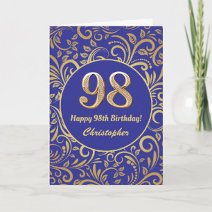 98th Birthday Navy Blue and Gold Floral Pattern Card