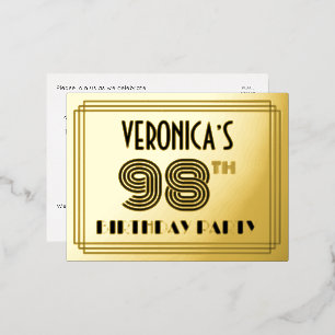98th Birthday Party ~ Art Deco Style “98” + Name Foil Invitation Postcard