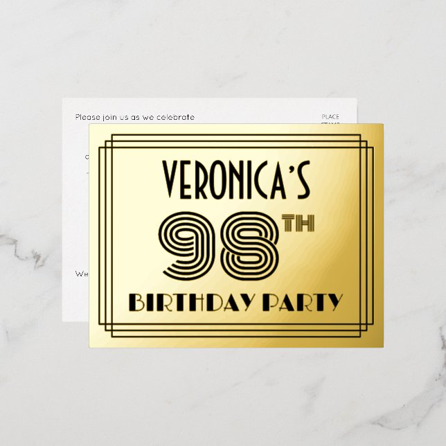 98th Birthday Party ~ Art Deco Style “98” + Name Foil Invitation Postcard (Front/Back)