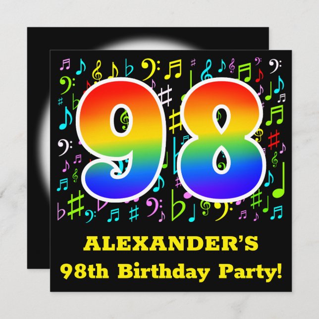 98th Birthday Party: Fun Music Symbols, Rainbow 98 Invitation (Front/Back)