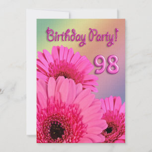 98th Birthday party invitation with pink flowers
