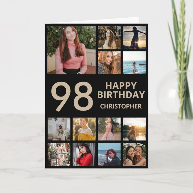 98th Birthday Photo Collage 13 Photos Black & Gold Card (Front)