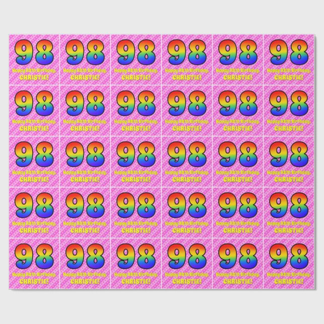 98th Birthday: Pink Stripes & Hearts, Rainbow # 98 Wrapping Paper (Flat)