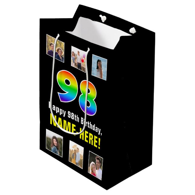 98th Birthday: Rainbow “98“, Custom Photos & Name Medium Gift Bag (Front Angled)