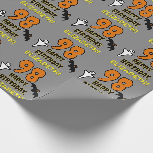 98th Birthday: Spooky Halloween Theme, Custom Name Wrapping Paper (Corner)