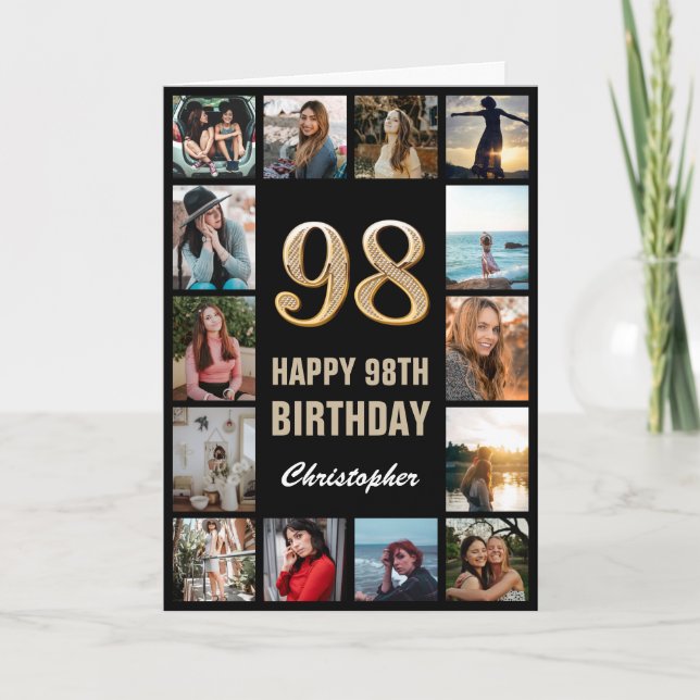 98th Happy Birthday Black and Gold Photo Collage Card (Front)