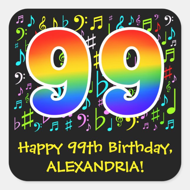 99th Birthday: Colourful Music Symbols, Rainbow 99 Square Sticker (Front)
