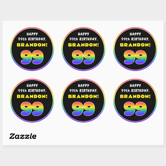 99th Birthday: Colourful Rainbow # 99, Custom Name Classic Round Sticker (Sheet)