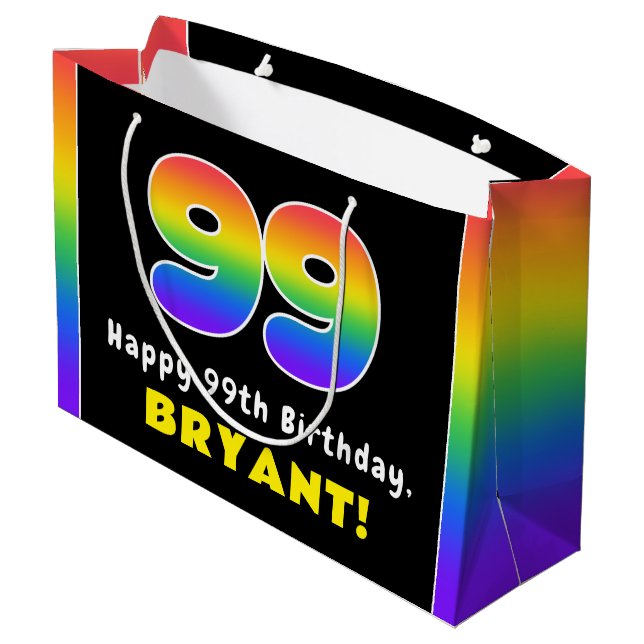 99th Birthday: Colourful Rainbow # 99, Custom Name Large Gift Bag (Back Angled)