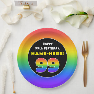 99th Birthday: Colourful Rainbow # 99, Custom Name Paper Plate