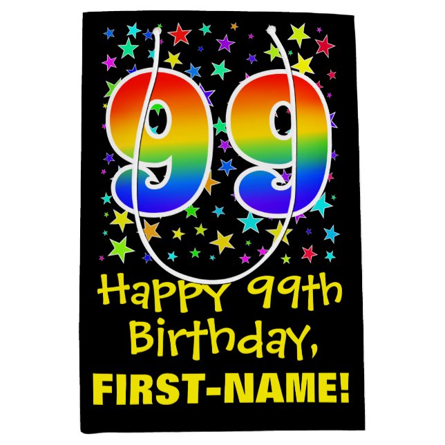 99th Birthday: Colourful Stars Pattern & Rainbow 9 Medium Gift Bag (Front)