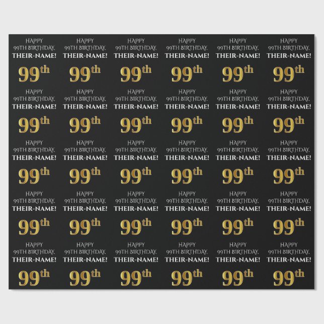 99th Birthday: Elegant, Black, Faux Gold Look Wrapping Paper (Flat)